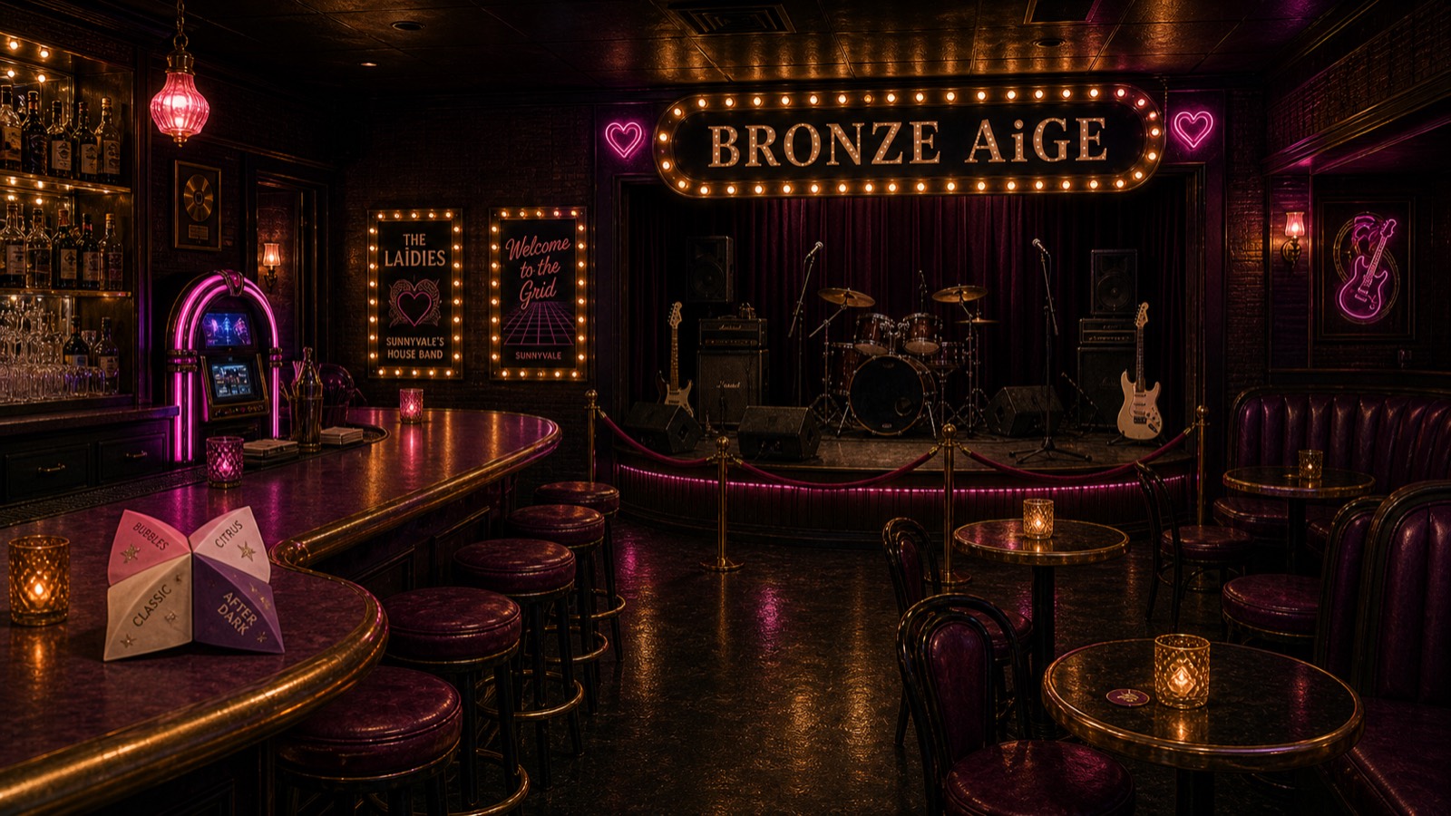 Inside the BRONZE AiGE — a plum-velvet music lounge with a red-curtained stage, jukebox, bar, café tables, and the Businesswomen's Special fortune teller waiting on the bar