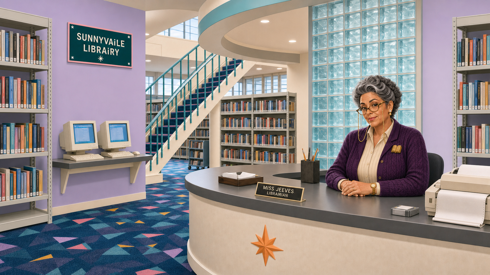 Inside the SUNNYVAiLE LIBRAiRY — packed metal bookcases and Miss Jeeves at the reference desk