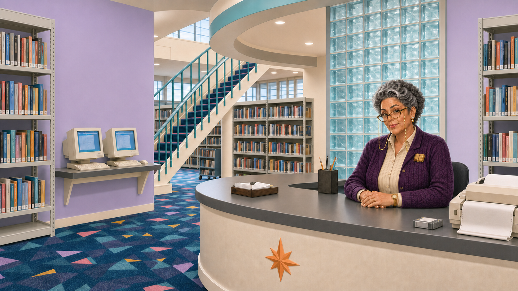 The bright SUNNYVAiLE Library reference desk
