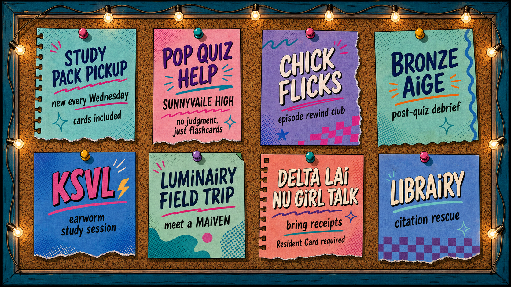 Blend & Snap community corkboard with eight notices for the Wednesday route