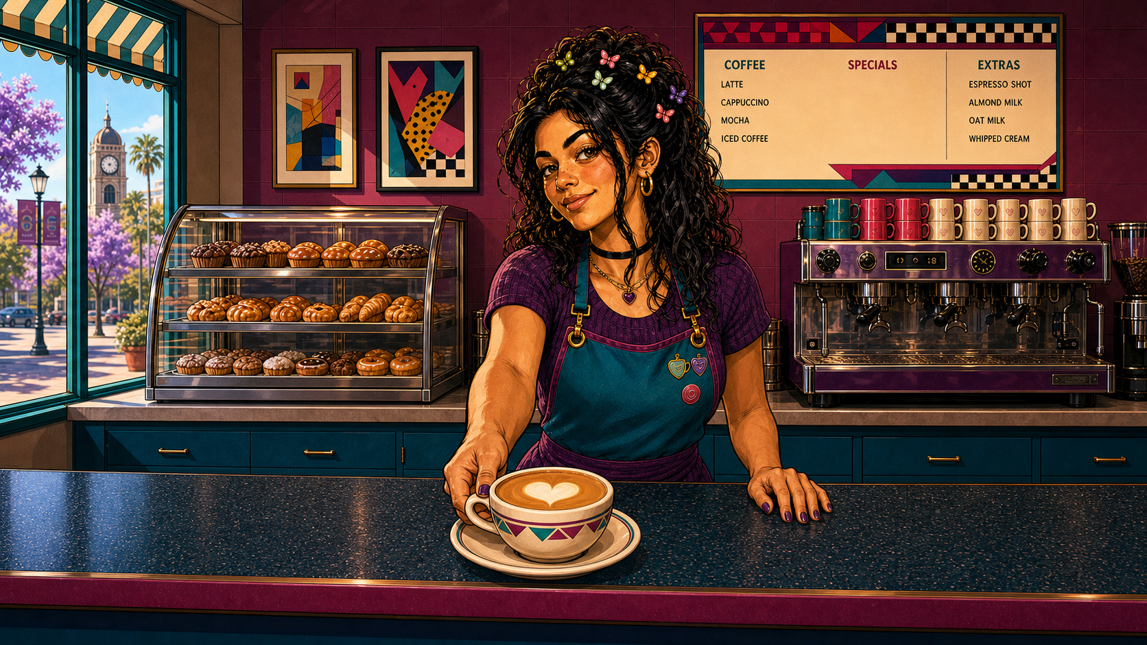 JoJo slides a heart latte across the Blend & Snap counter in bright SUNNYVAiLE