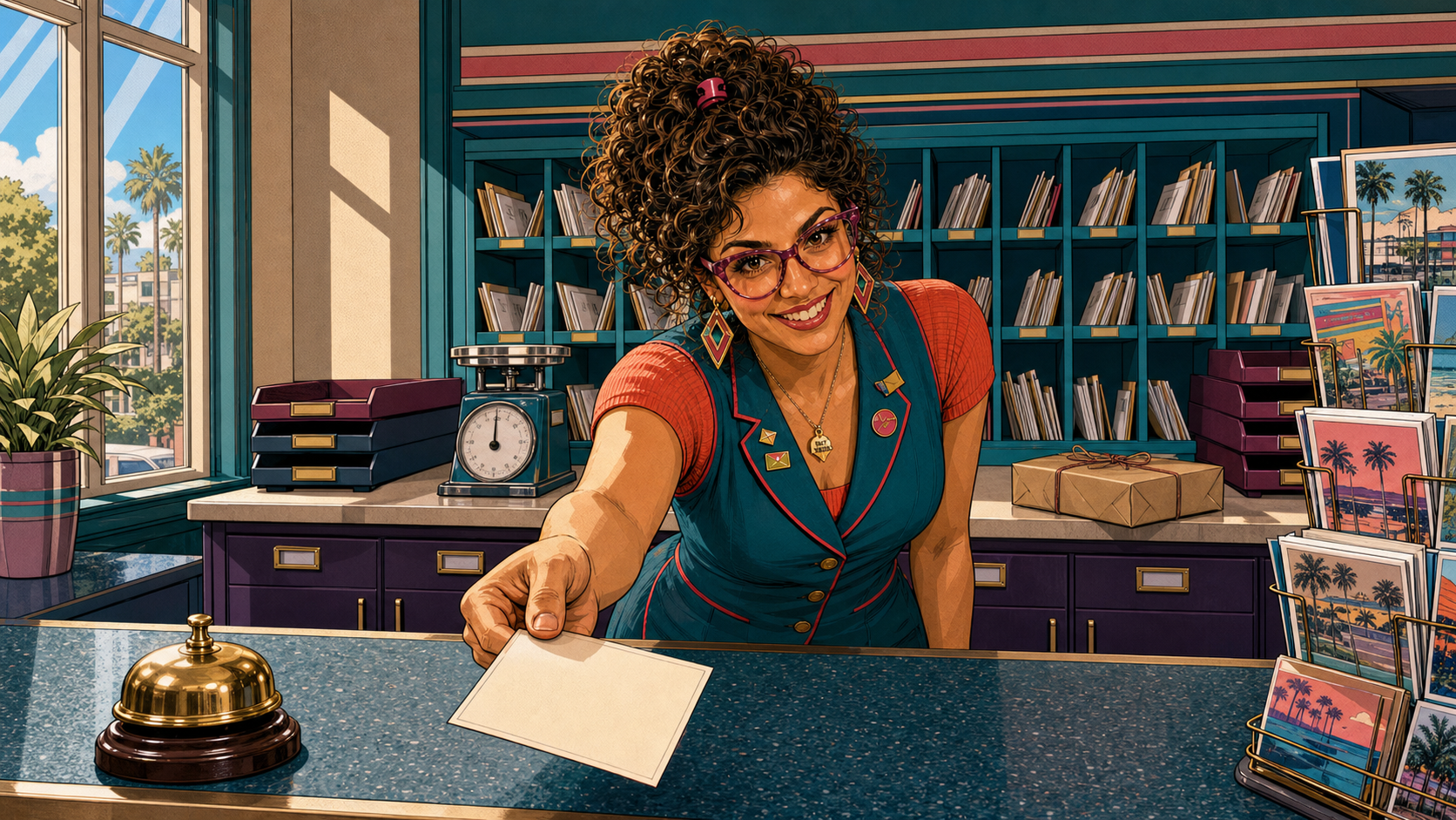 Penny, the SUNNYVAiLE postmistress, handing a blank postcard across the counter