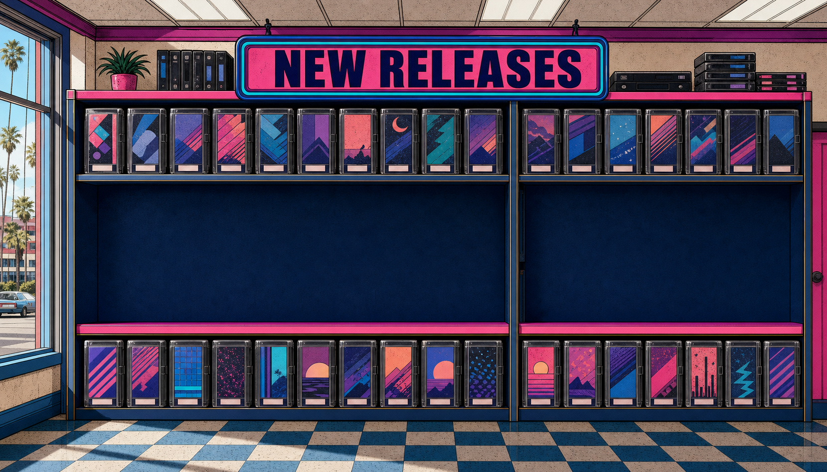 A bright graphic-novel video rental store wall with two empty New Releases bays