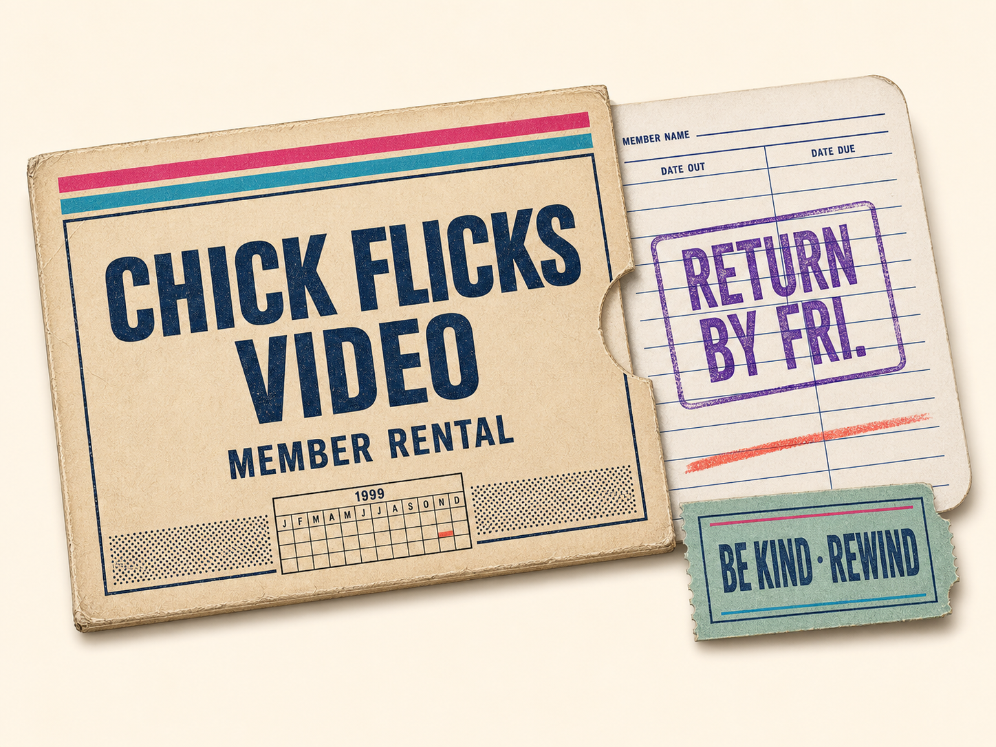 A Chick Flicks member-rental sleeve with a Return by Friday stamp and Be Kind, Rewind ticket
