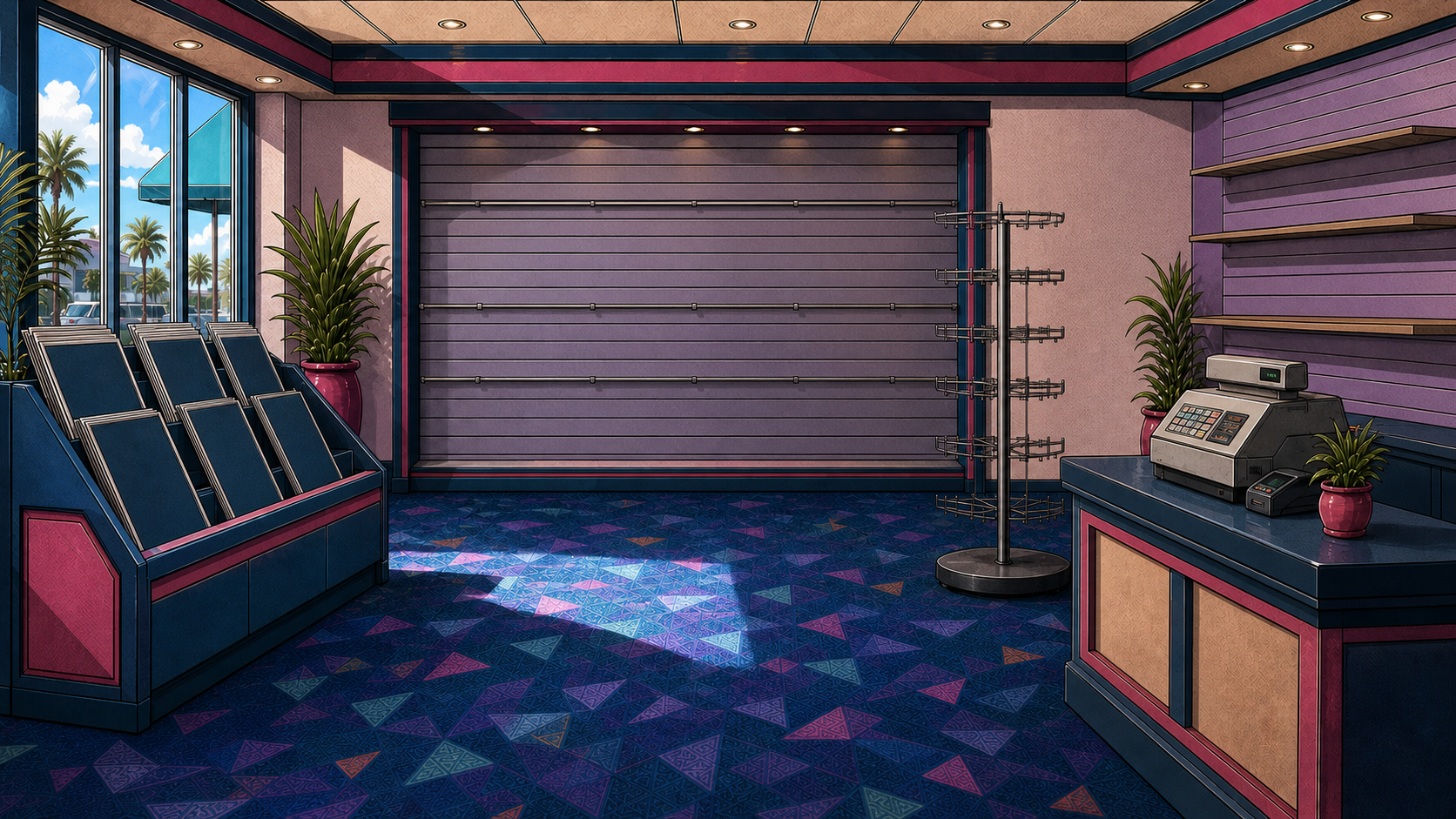 A bright 1999 gift shop with a print bin, an apparel wall, a spinning small-goods rack, and a checkout counter.