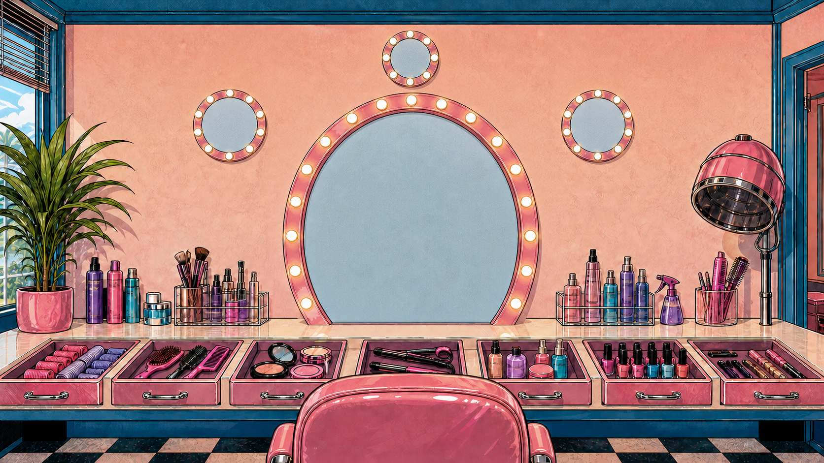 A straight-on illustrated Y2K salon vanity with one large lit mirror, three smaller candidate mirrors, seven tool drawers and a pink styling chair