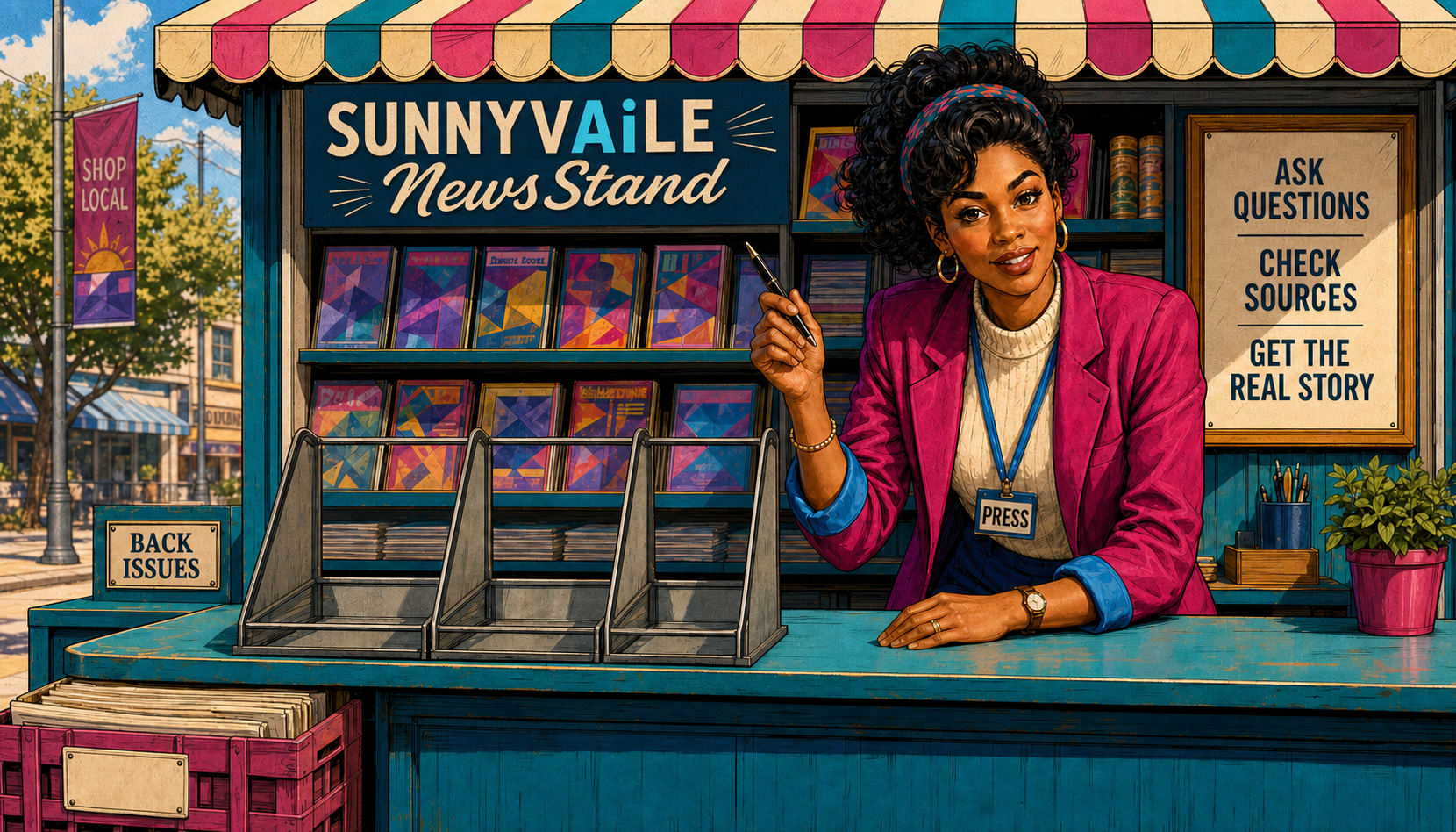 Paige behind the SUNNYVAiLE NewsStand counter, beside the newspaper rack and newsroom rule board