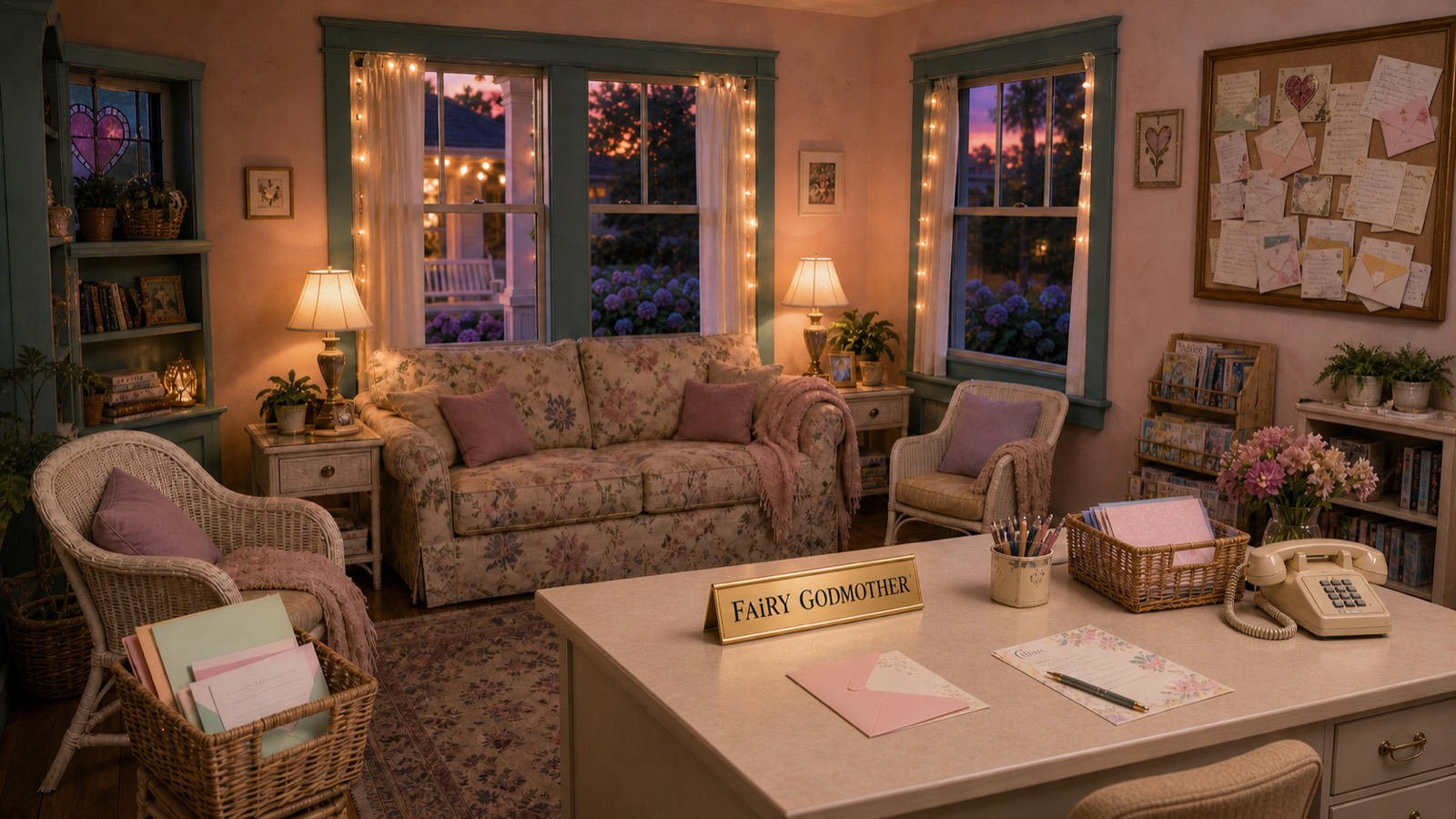 The FAiRY Godmother's advice parlour, with a writing desk, telephone, correspondence basket, and a wall of past notes