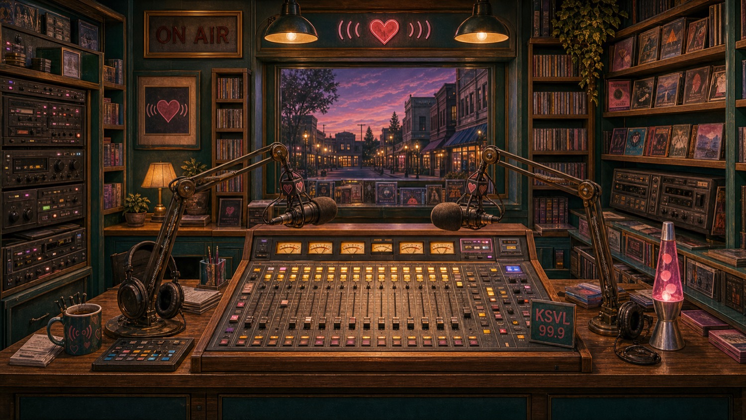 Inside the KSVL 99.9 booth — a mixing console with heart-topped mics, ON AIR sign, walls of records, and the SUNNYVAiLE street glowing through the window at dusk