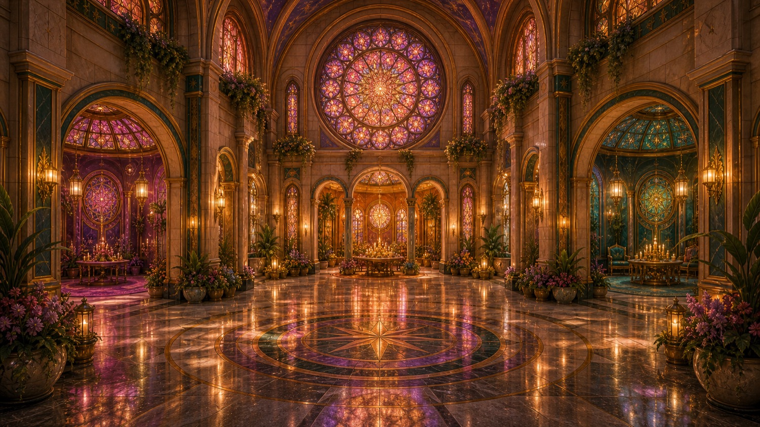 Inside the LUMINAiRY — a jewel-toned nave with a great rose window, stained glass, and a marble compass-star floor