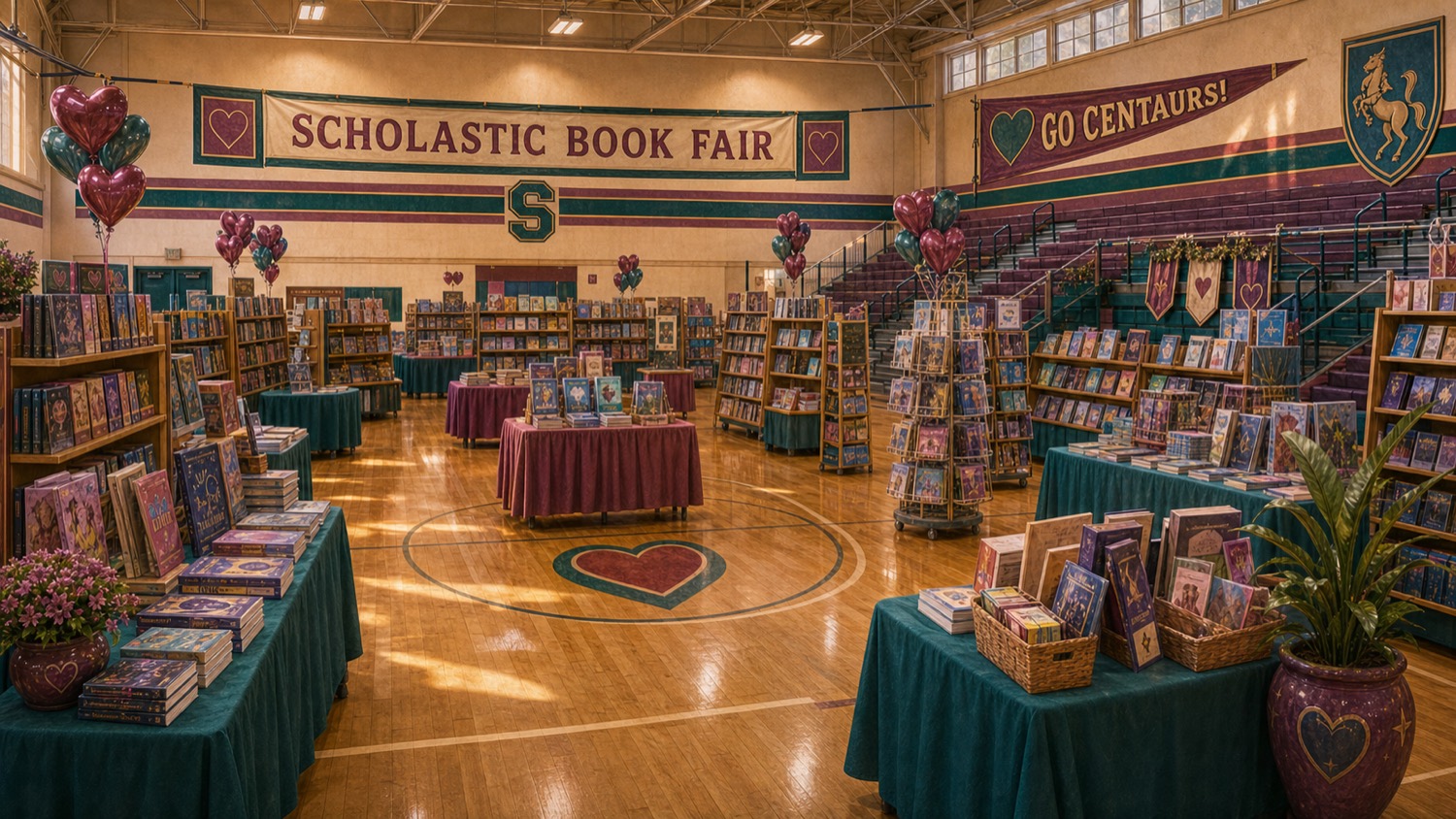 The SUNNYVAiLE High gym set up as a Scholastic Book Fair, with display tables, a school banner and heart balloons