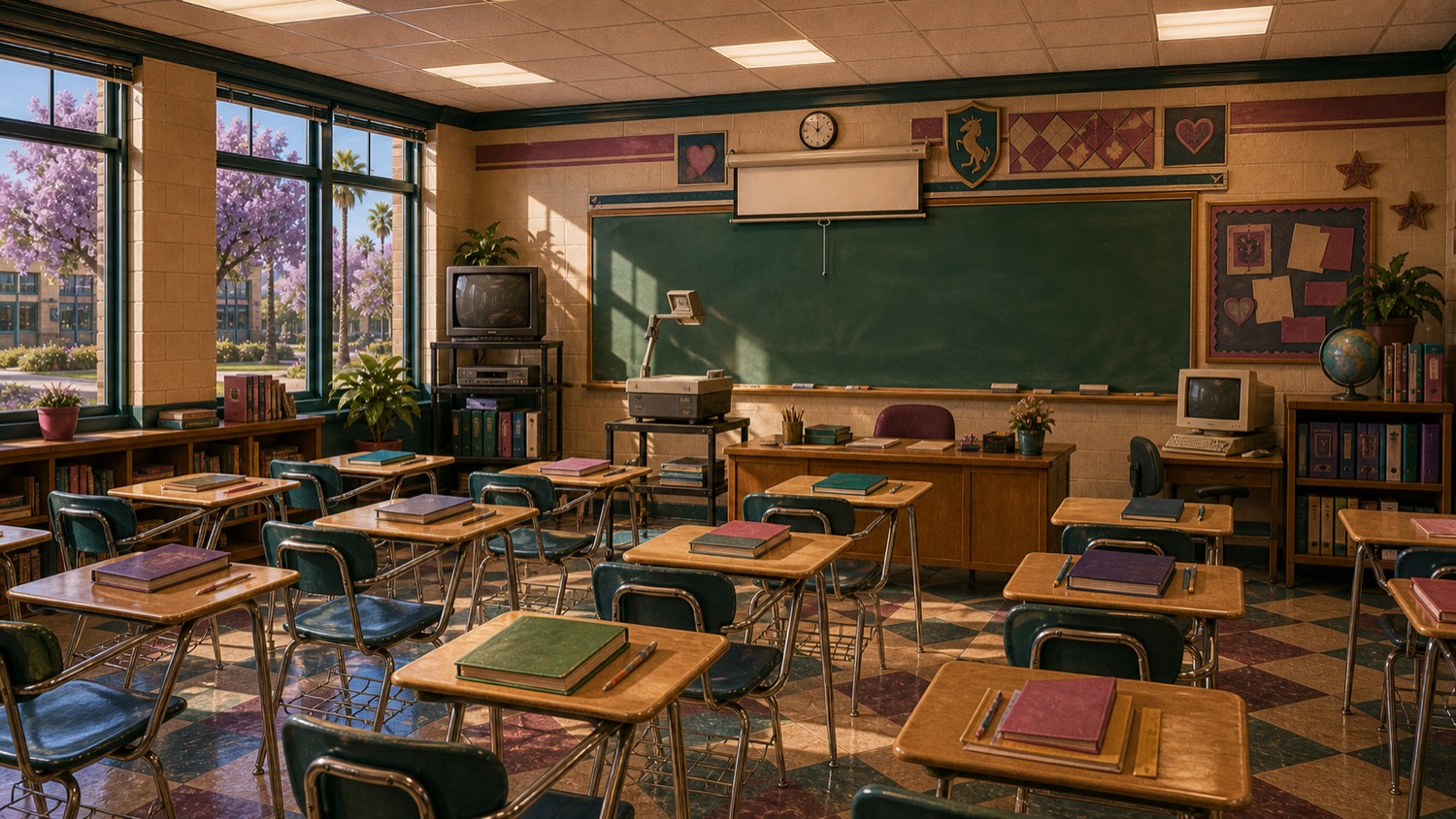 A SUNNYVAiLE High classroom — desks stacked with textbooks, a green chalkboard and a globe, where the Season 1 classes meet