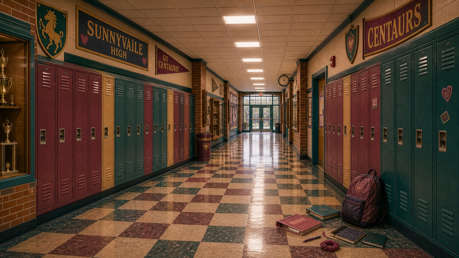 Inside SUNNYVAiLE High — a locker-lined hallway with plum, teal and gold lockers, a checkerboard floor, a SUNNYVAiLE HIGH banner, a GO CENTAURS! pennant and a trophy case