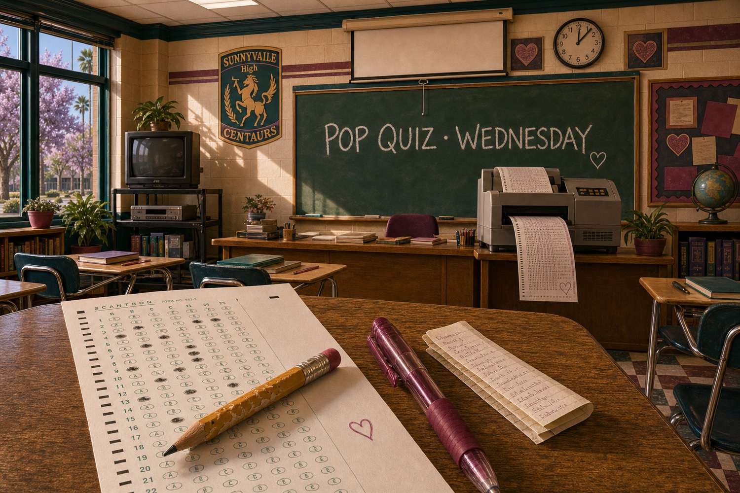 A SUNNYVAiLE High pop-quiz desk — a scantron bubble sheet with a No. 2 pencil, a POP QUIZ · WEDNESDAY chalkboard, the CENTAURS crest and a scantron grading machine in the back