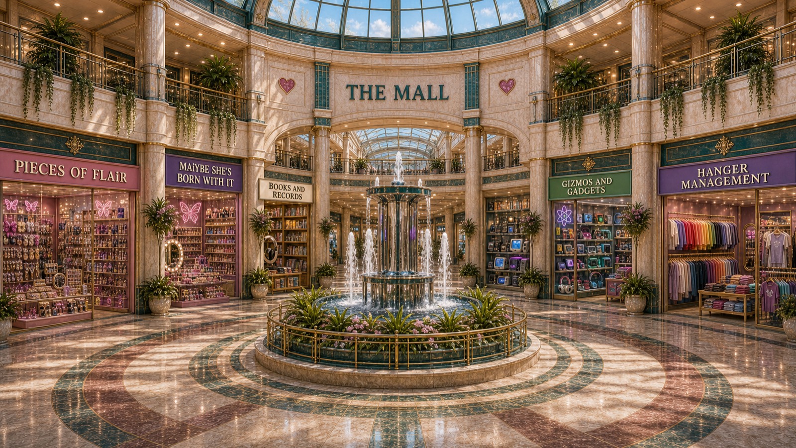 The Mall atrium — a domed glass rotunda with a central fountain and storefronts ringing the court