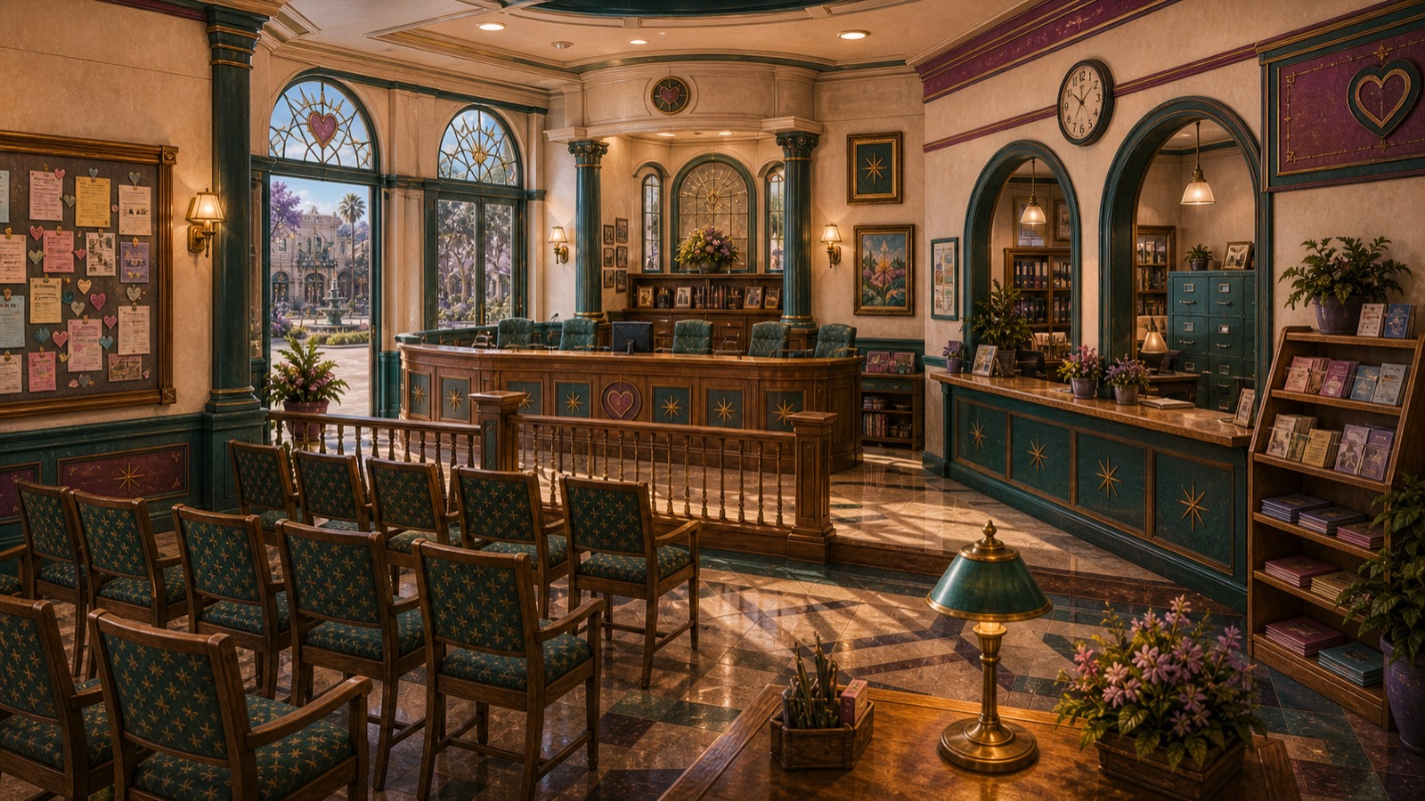 Inside SUNNYVAiLE Town Hall — the civic chamber with gallery seating, a curved mayor's counter, a reception desk, a brochure rack, and a corkboard of heart-pinned notices