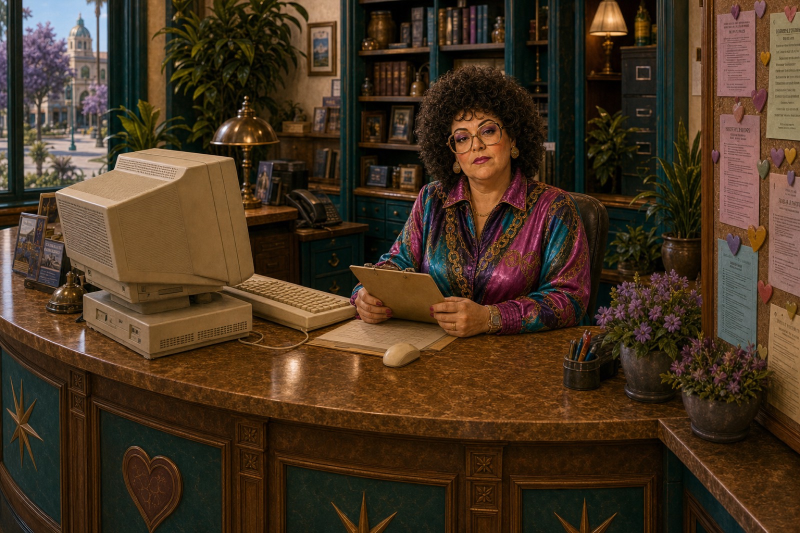 Mayor Deb at her Town Hall desk in a jewel-tone shell suit, reviewing a clipboard beside a beige Y2K computer, potted jacarandas and a corkboard of hearts around her
