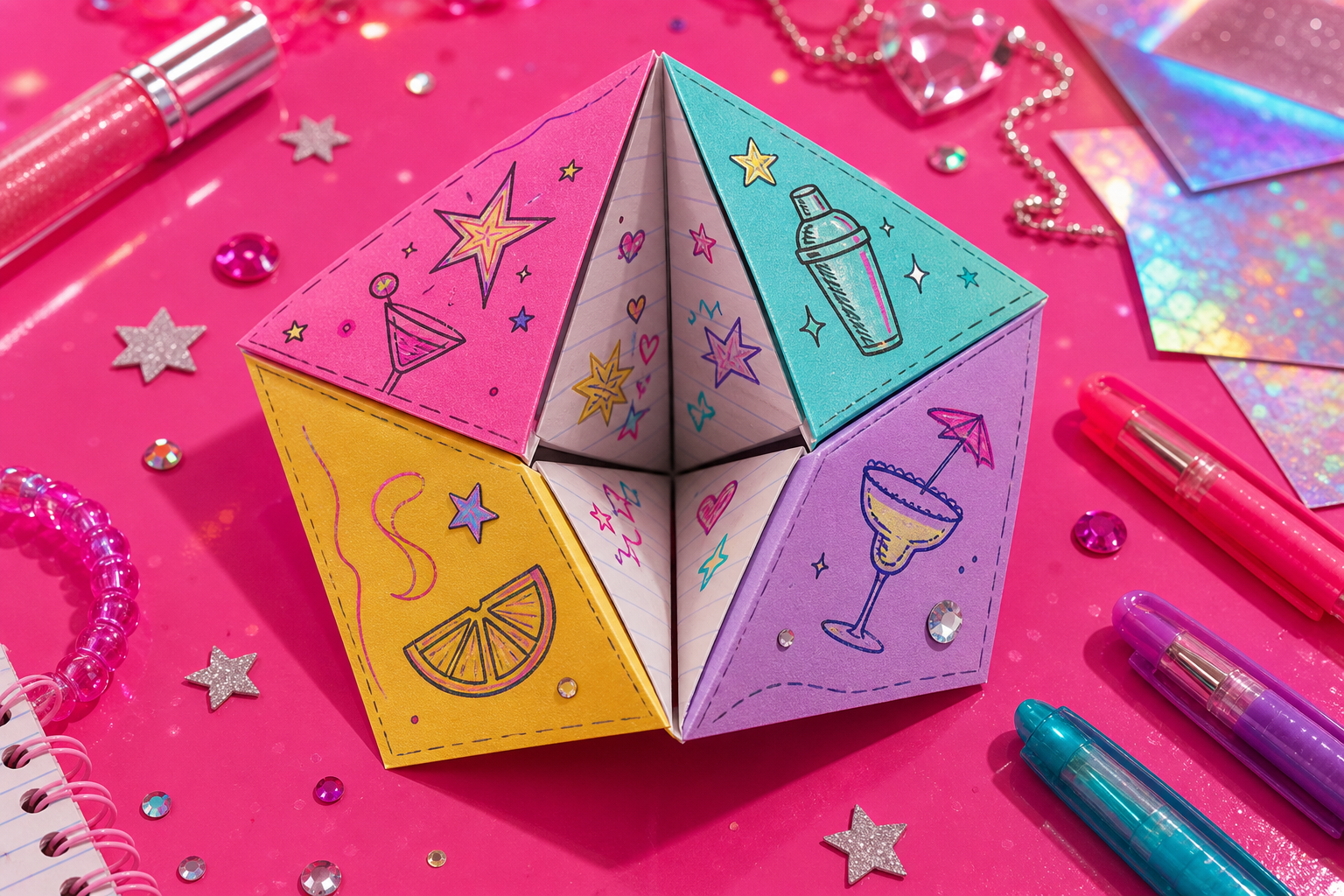 Paper fortune teller for the Businesswomen's Special cocktail game