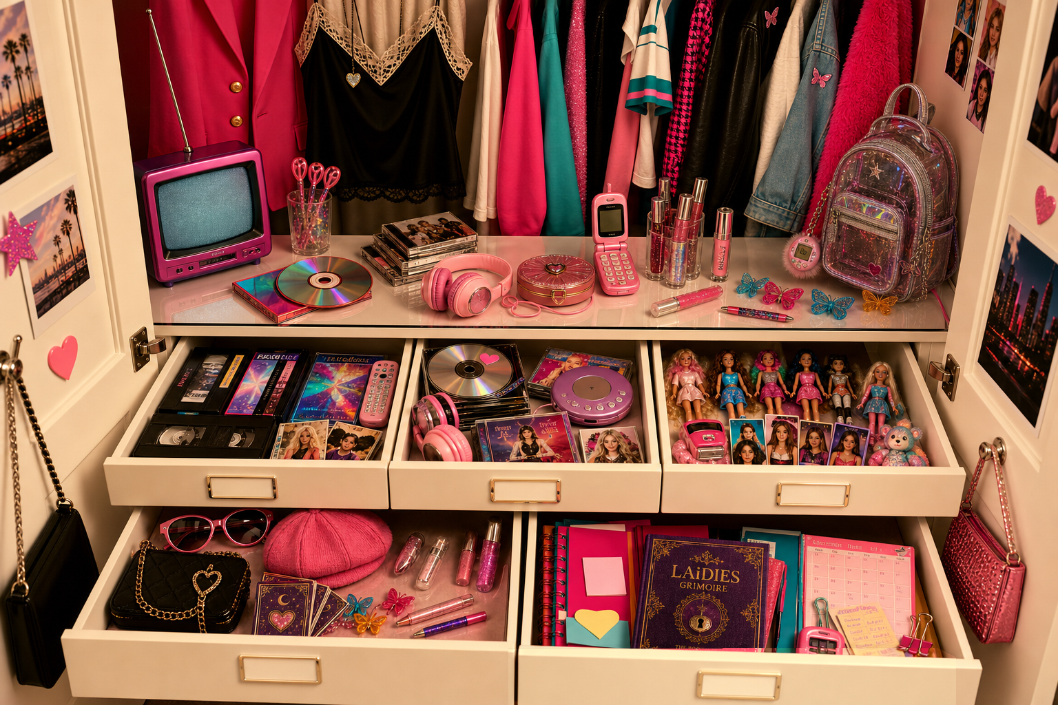Open warm-graded LAiDIES closet organizer with labelled drawers of tools and lore