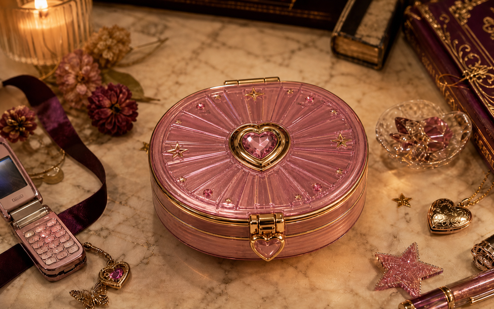 Closed warm-toned LAiDIES Clubhouse compact — pink lacquered case with a gold latch on a marble surface
