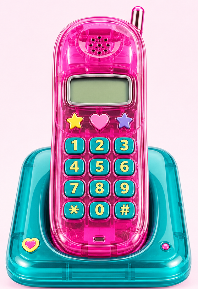 Pink cordless Dream Phone on a Y2K desk