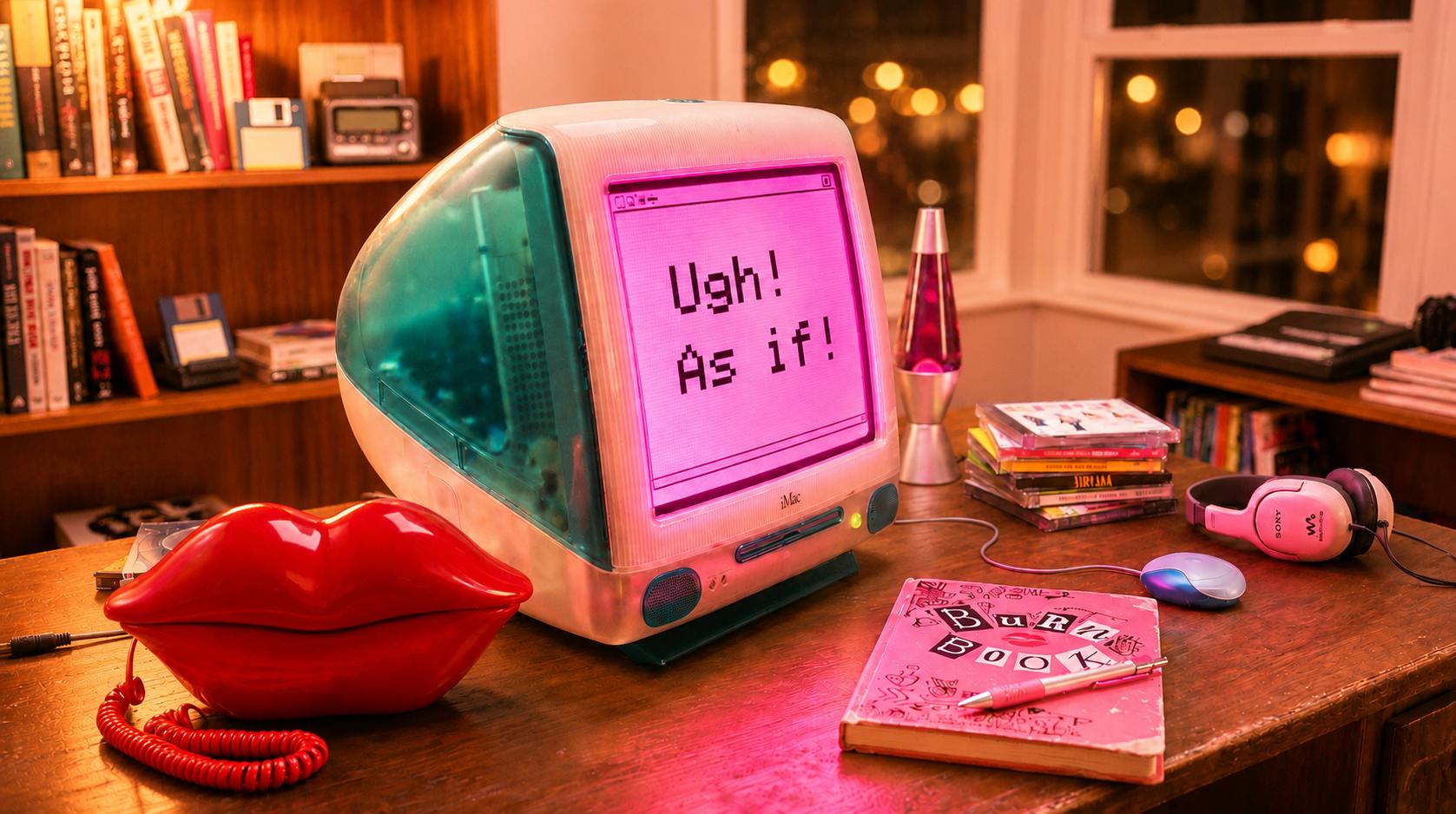 Retro iMac G3 with glowing pink screen, Burn Book, cassette tapes, and 90s nostalgia
