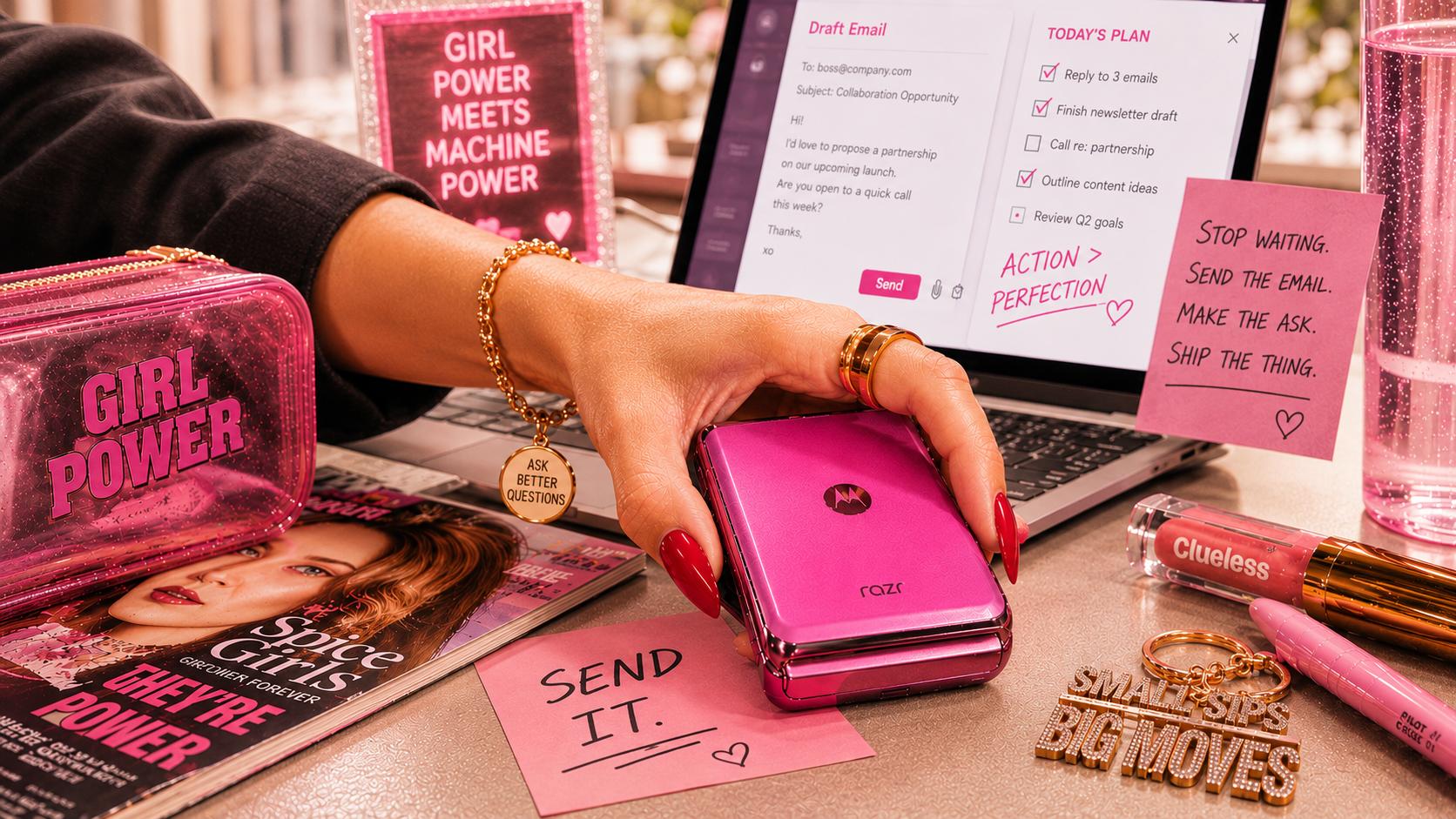 Hand grabbing pink Motorola Razr, Spice Girls magazine, GO GET IT sticky note — she's making moves