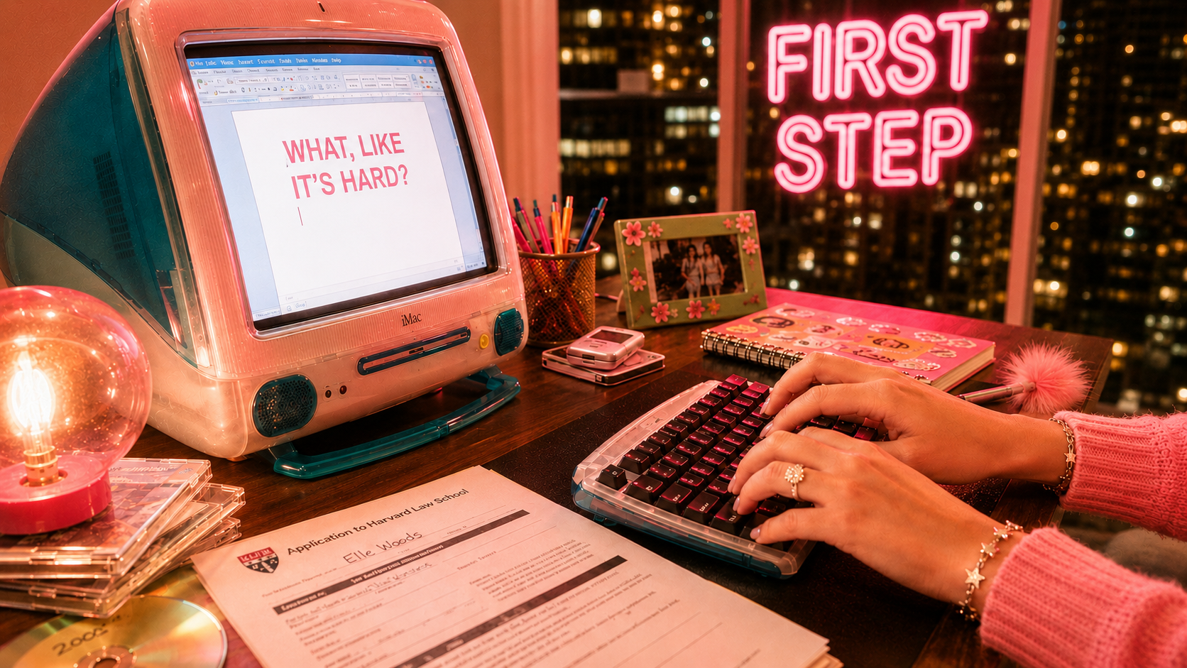 Episode 1 hero — translucent iMac reading WHAT, LIKE IT'S HARD? beside a FIRST STEP neon sign