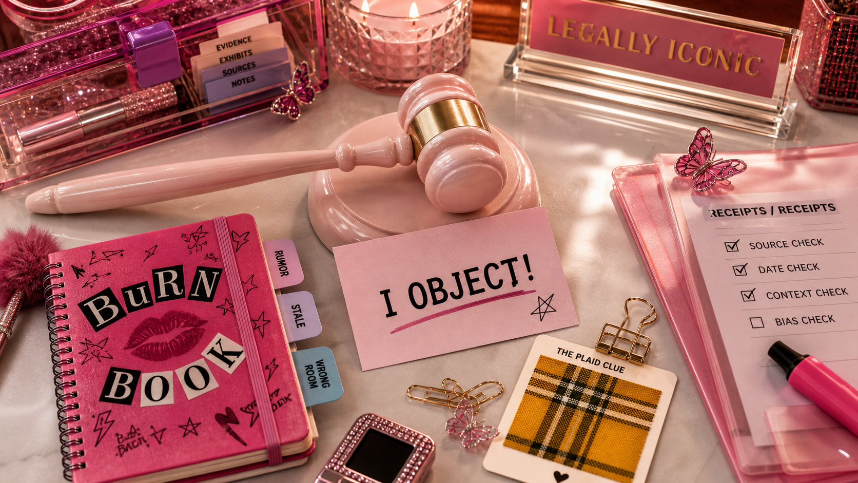 Episode 03 pink gavel objection desk with Burn Book, receipts checklist, plaid clue, and LAiDIES evidence objects