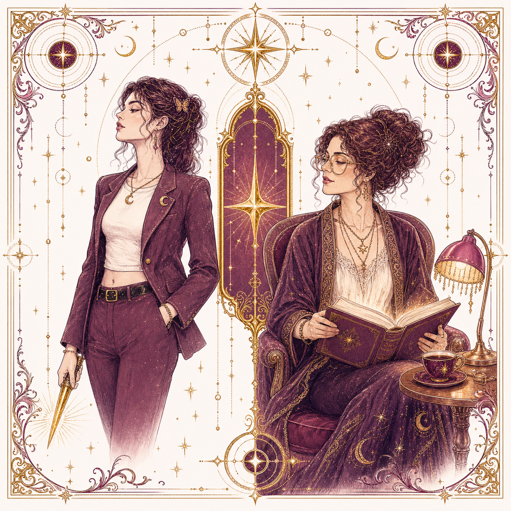 Illuminated cover emblem: a Slayer and her Watcher, ceremonial pairing in plum, rose and gold