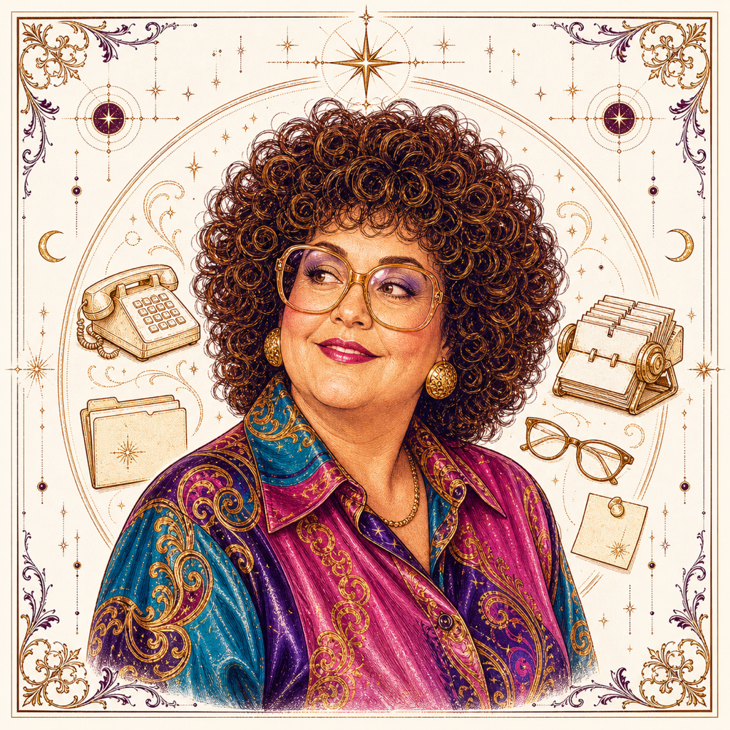 Illuminated portrait emblem of Deb — iconic office institution, paisley silk blouse, big glasses, big hair
