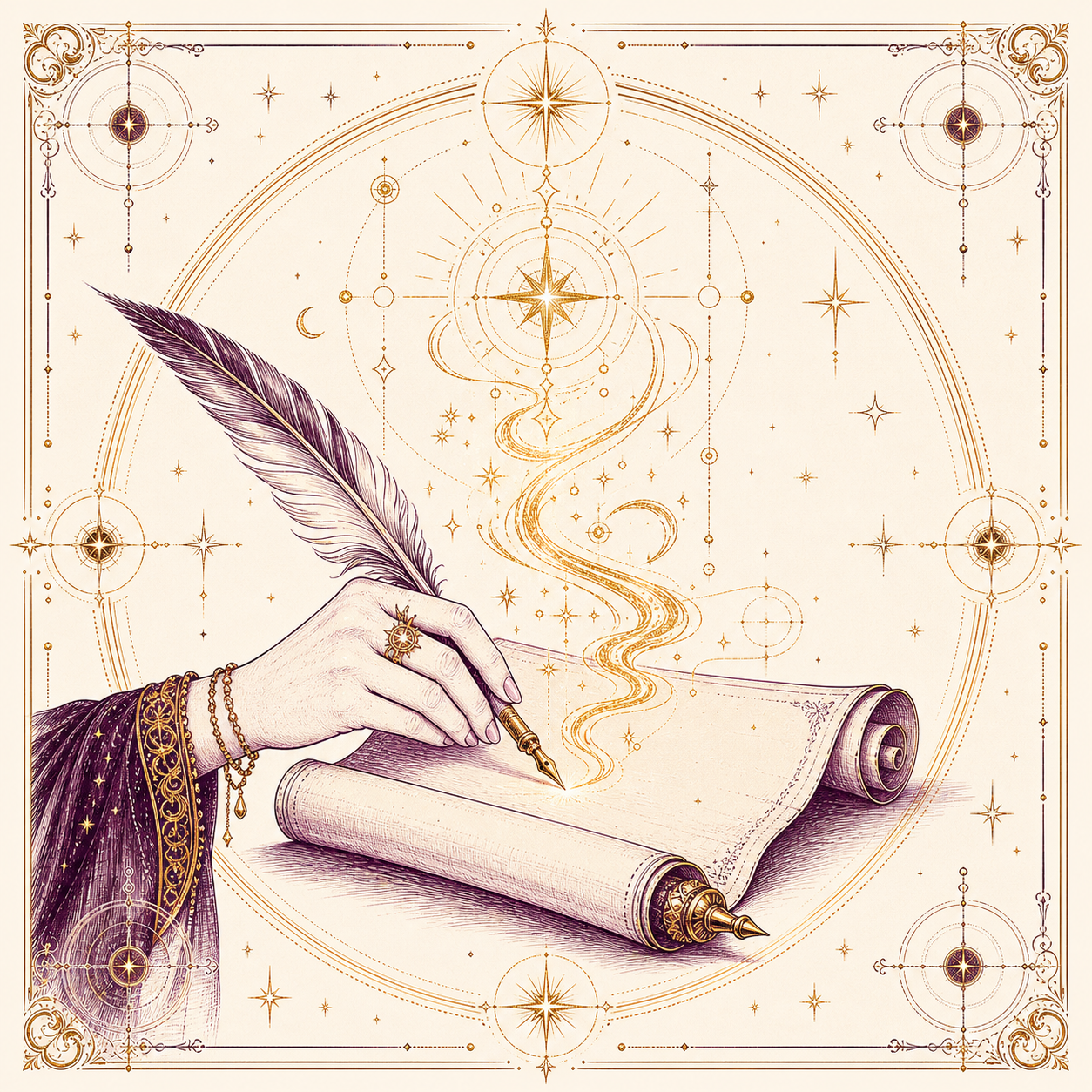 Illuminated emblem: a quill writing on a scroll, gold star above