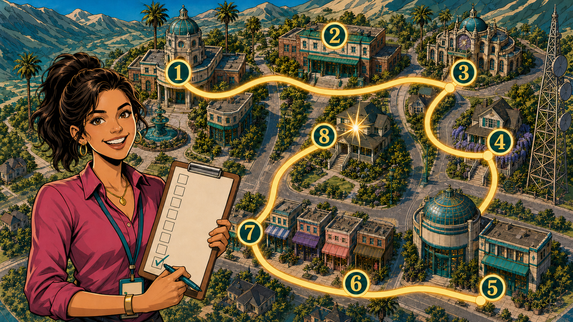 A SUNNYVAiLE guide holds a checklist over a numbered town route