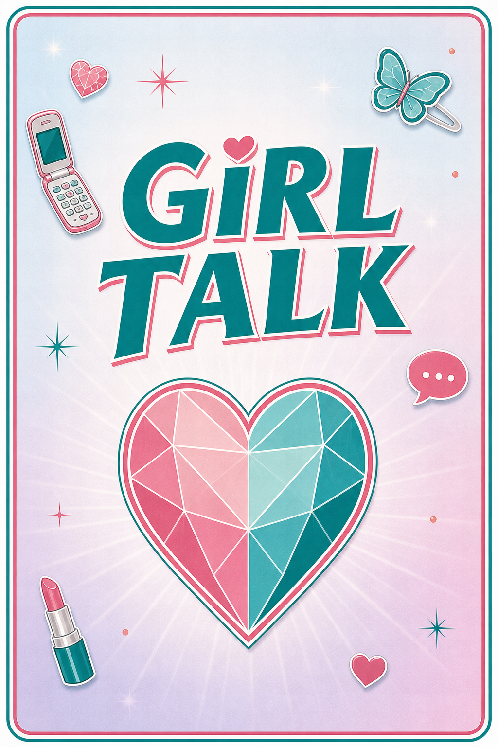 Girl Talk card back — plum and gold with a pink and teal heart gem