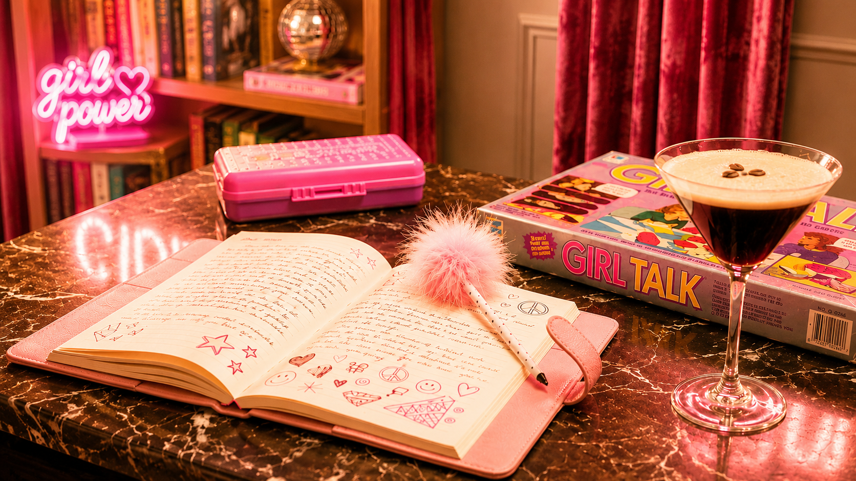 Warm LAiDIES Girl Talk desk scene — the game, prompts, and ritual objects laid out together