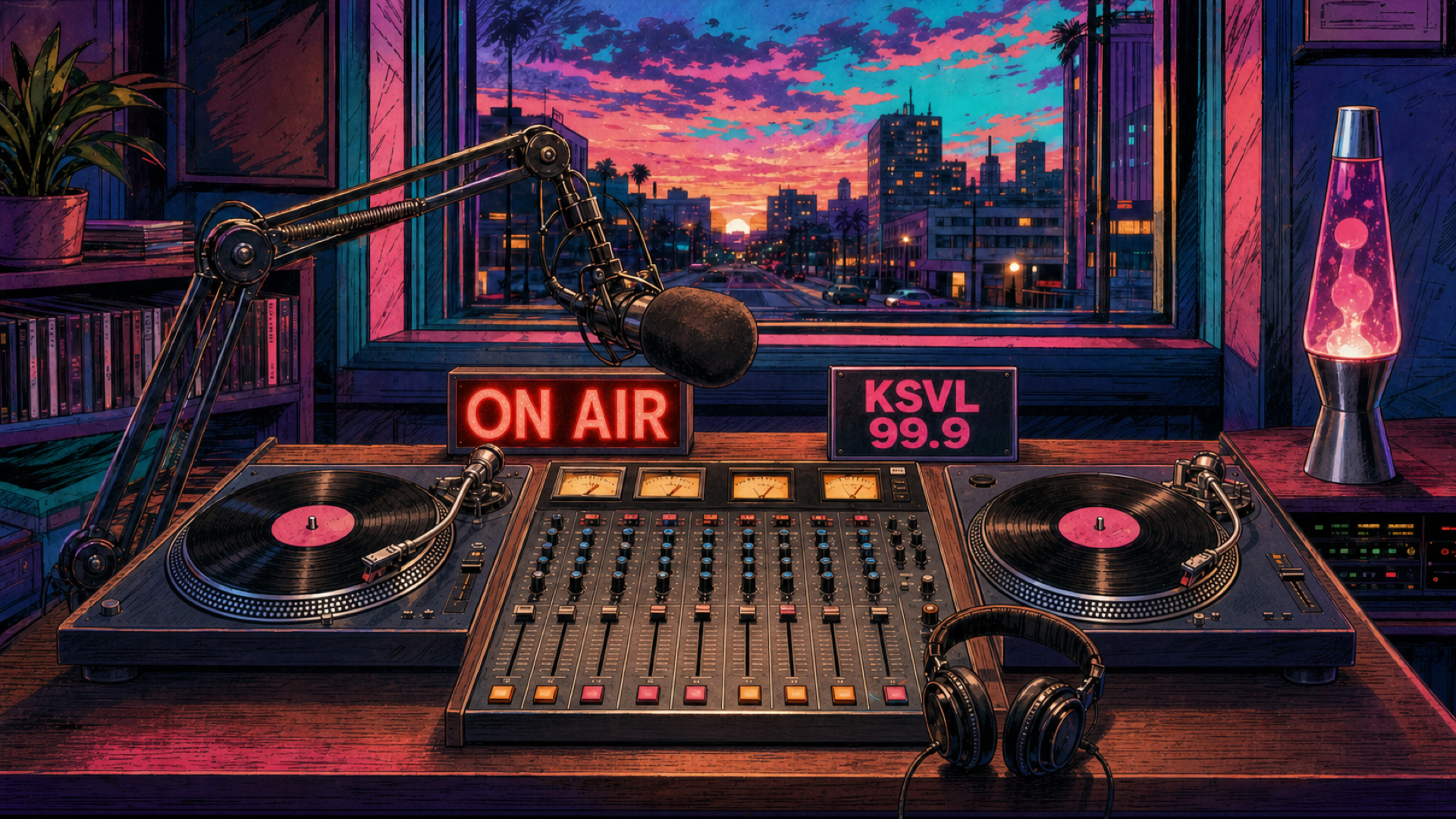 KSVL 99.9 mixing console with turntables, broadcast microphone and an illuminated ON AIR sign in DJ SunnyV's booth.