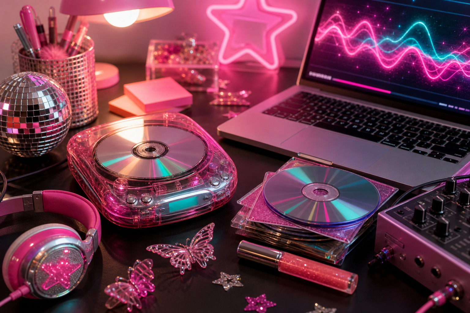 Neon-lit DJ mixing desk with turntables and faders