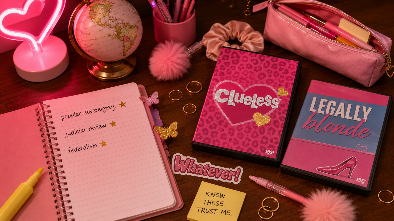 Clueless DVD, Legally Blonde, globe, Whatever sticker, KNOW THESE TRUST ME, 90s study session