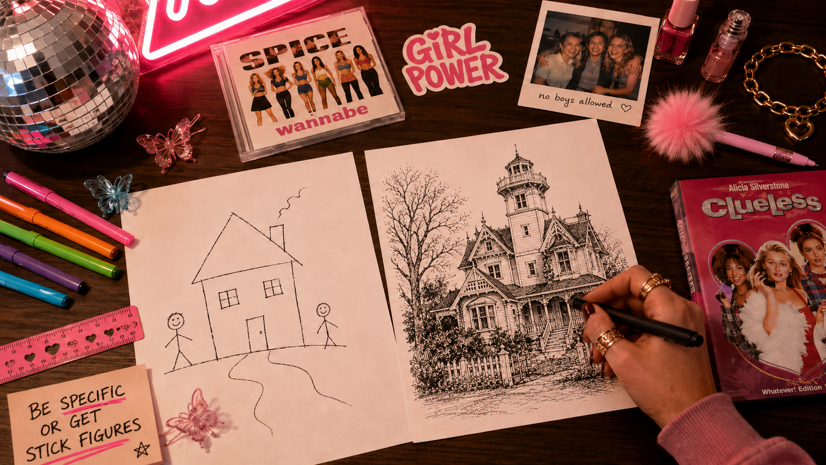 Stick figure house vs detailed Victorian mansion with Spice Girls, Clueless, and BE SPECIFIC OR GET STICK FIGURES