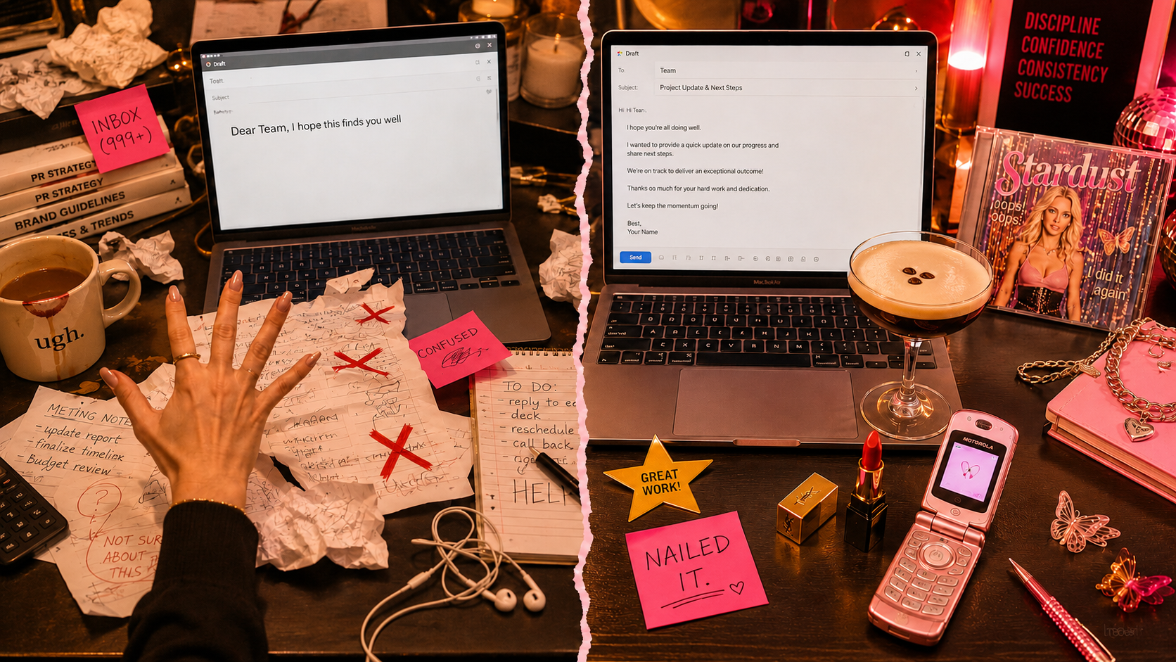 Split before and after - chaos vs confidence, Dear Team I hope this finds you well vs NAILED IT