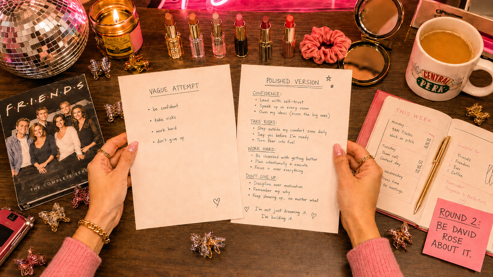 Episode 02 Try-On homework desk with prompt notes and Y2K office objects
