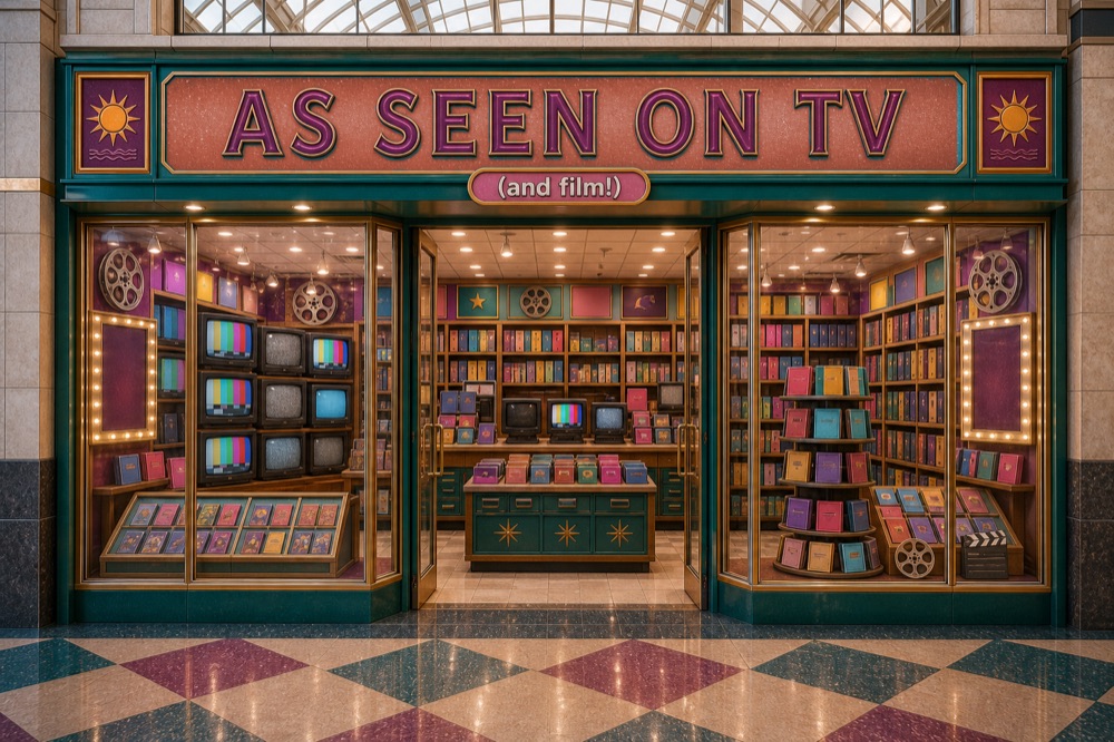 As Seen on TV storefront — wall of televisions and film posters