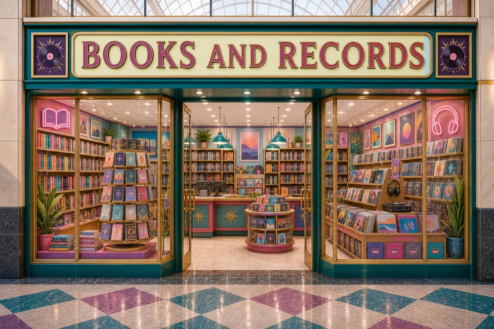 Books and Records storefront — bookshelves and vinyl bins