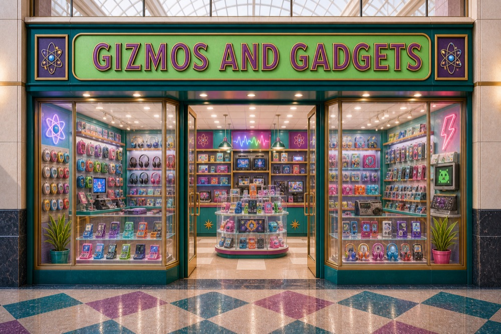 Gizmos and Gadgets storefront — Y2K electronics: Walkman, Tamagotchi, gadgets