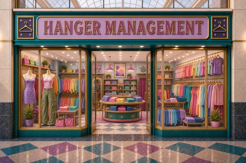 Hanger Management storefront — racks of clothes and iconic outfits