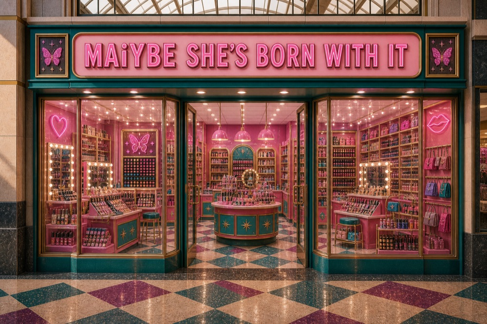 MAiYBE storefront — drug-store beauty counter, gloss and mascara and hot tools