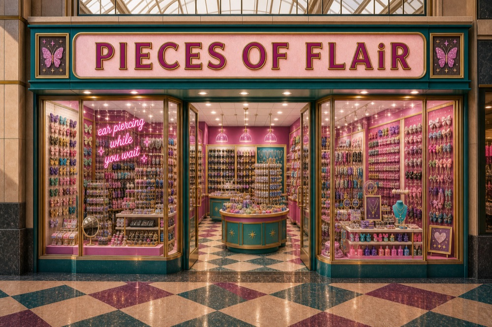 PIECES OF FLAiR storefront — pink butterfly-clip and jewelry shop, ear-piercing-while-you-wait