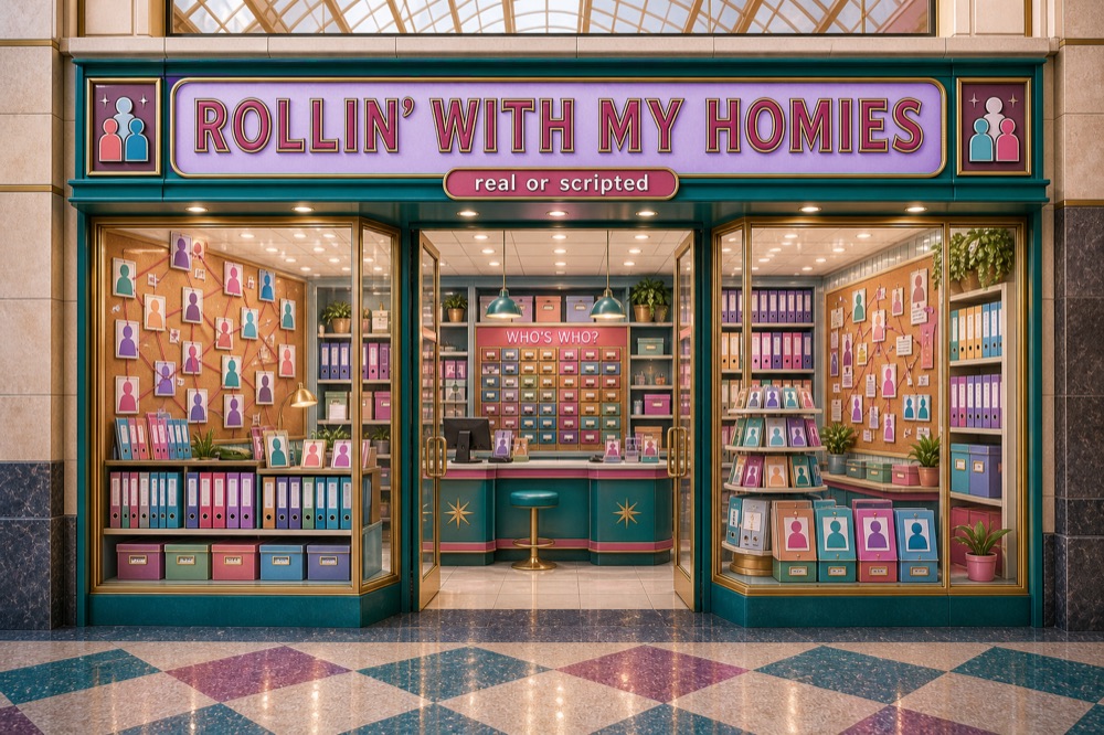 Rollin' with my Homies storefront — portrait wall of real people and characters