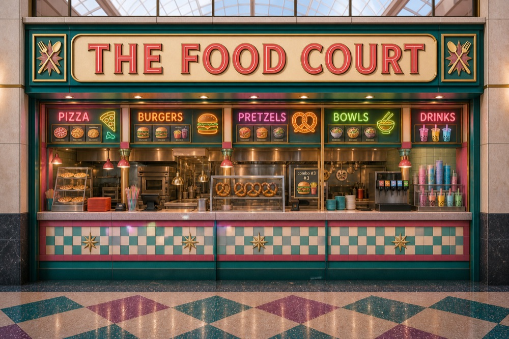 The Food Court — neon counter with pizza, burgers, pretzels, bowls, drinks