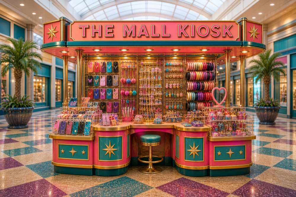 The Mall Kiosk — catch-all cart: Magic 8 Ball, Lite-Brite, Beanie Babies